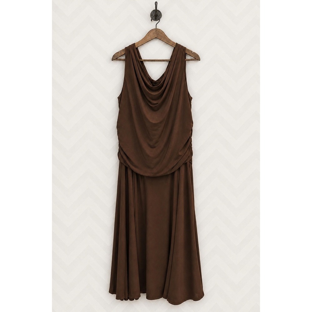 Sandra Darren Midi Dress Cowl Neck Ruched Draped Brown Size 16